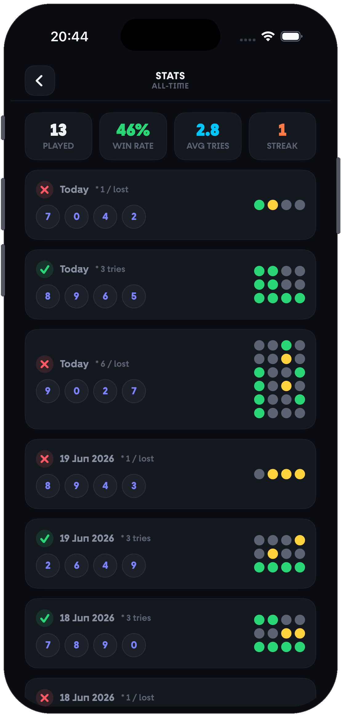 Player stats screen in Numble