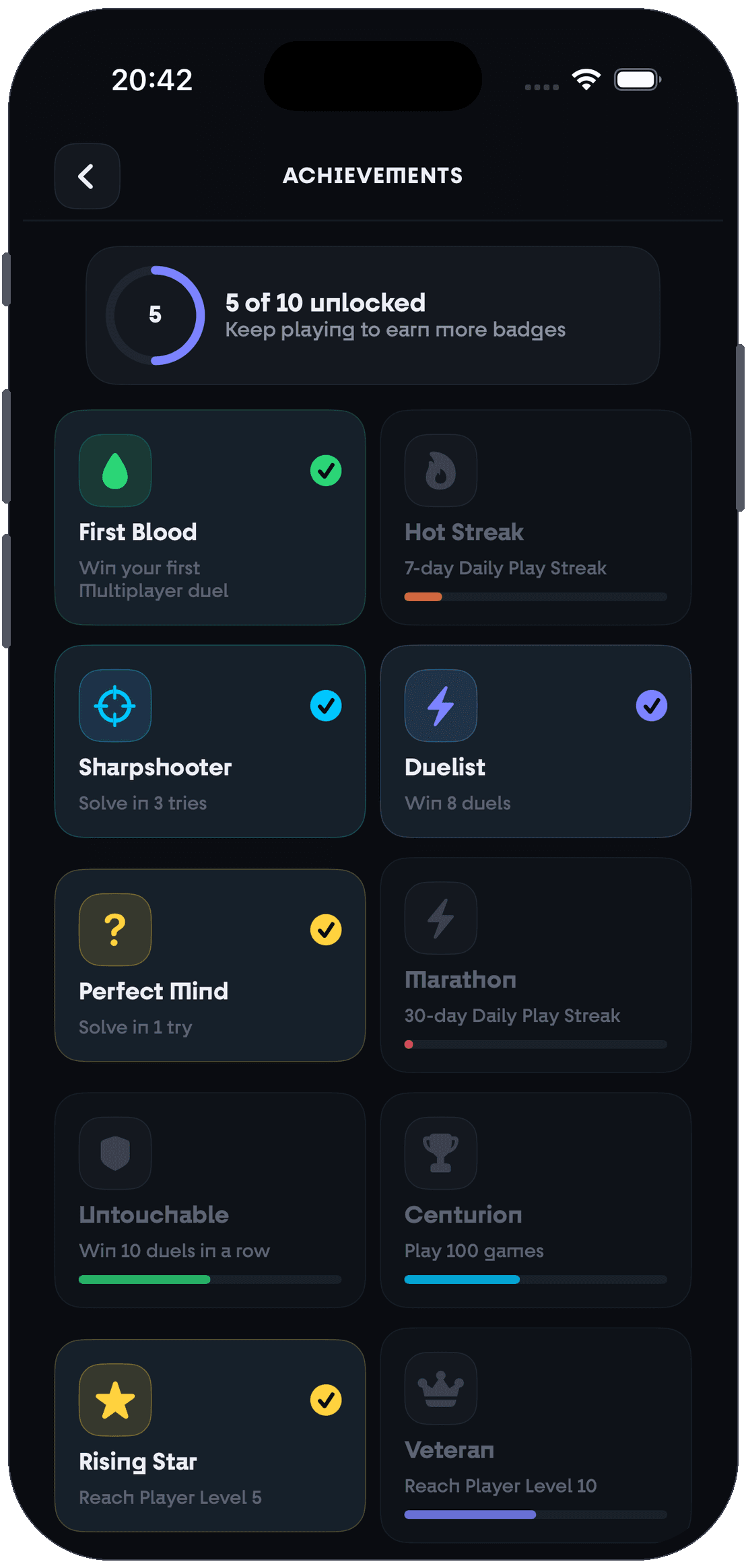 Achievements screen in Numble