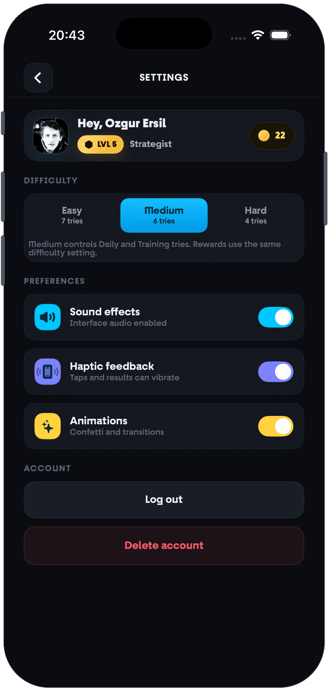 Settings screen in Numble